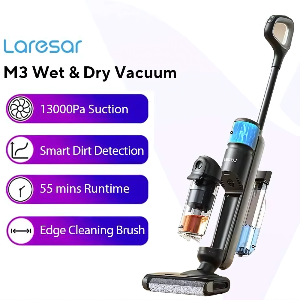 Laresar M3 Cordless Wet & Dry Vacuum Mop – Self-Cleaning, Edge Cleaning, 55-Min Runtime